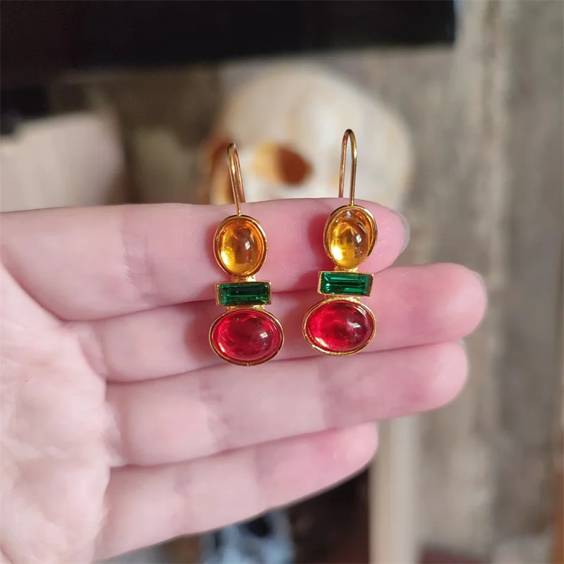 Dazzling Gold Color Round Yellow Green Red Stone Dangle Earrings for Women Fashion Geometry Engagement Wedding Earrings