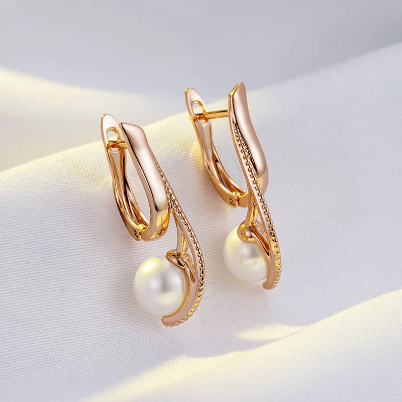Kinel Luxury Pearl Long Drop Earrings For Women 585 Rose Gold Color Fine Wedding Jewelry Trendy Easy Matching Dangle Earring