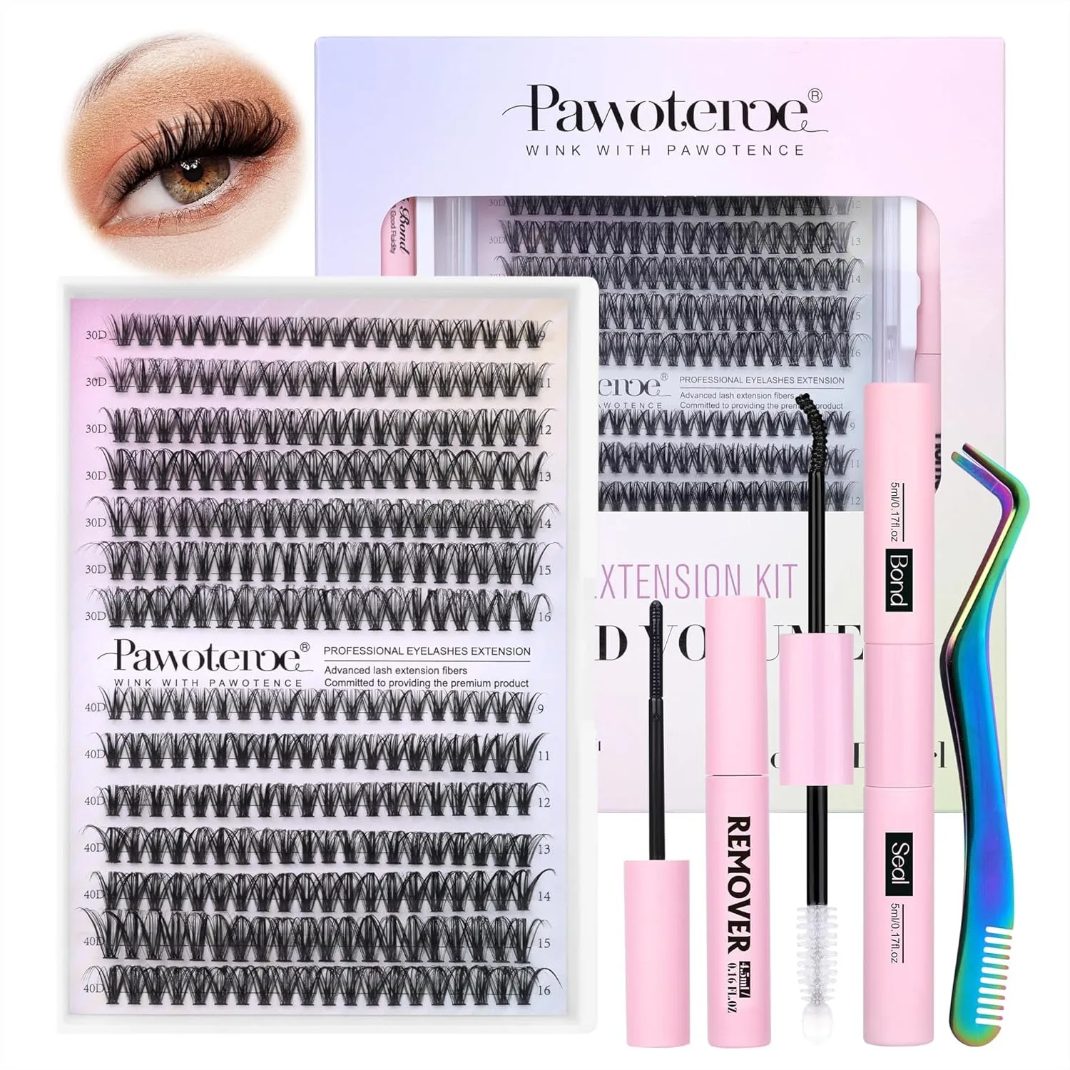 

280pcs Cluster Eyelash Extensions Kit, 30D 40D Individual Lashes with Bond, Seal, Remover & Tweezers for DIY Home Use