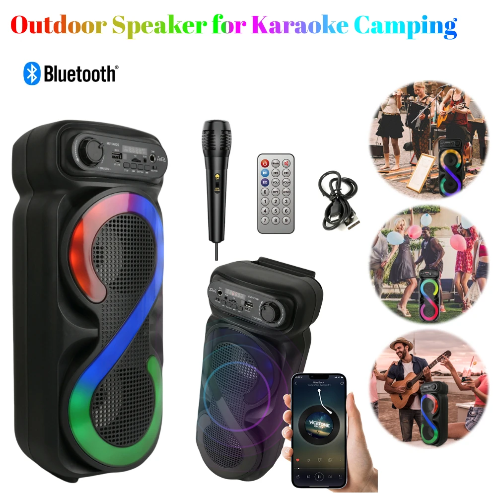 Portable Bluetooth Karaoke Speaker Machine High Power Outdoor Speaker with RGB Light Boombox Sound Box Home Family Singing