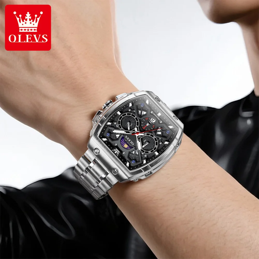 OLEVS 2942 Men Watch Brand Tonneau Large Dial Date Moon Phase Watch Waterproof Luxury Timing Quartz Watch Men Original Reloj
