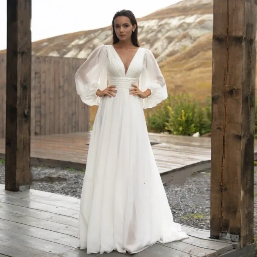 

A-Line White Chiffon Long Puff Sleeve Backless Pleat Bridal Gown Floor Length Vestidos De Novia Elegant Wedding Dress Women 2024