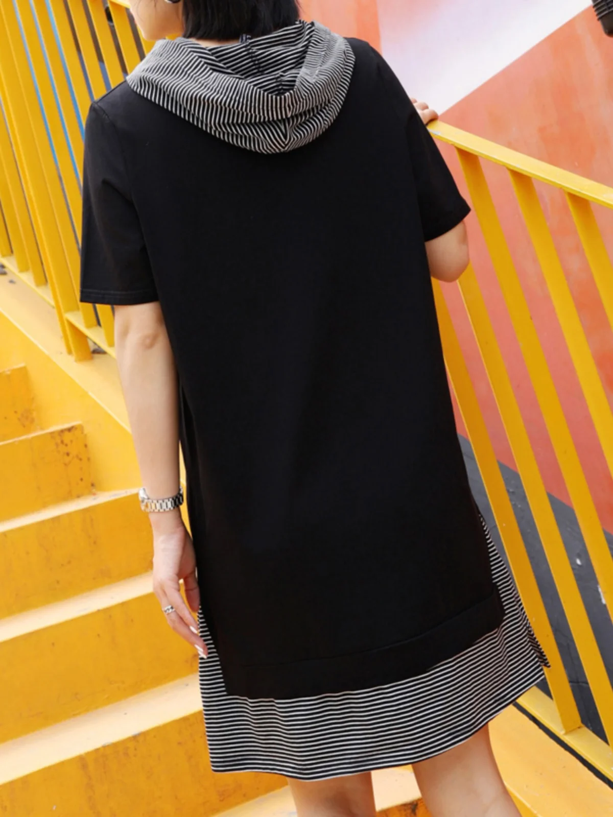 Loose Midi Dress with Hat Korean Style Summer New Women's Clothing Striped Splicing Chic Short Sleeve Dress for Young Women
