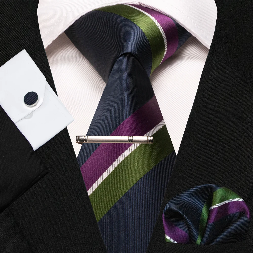 KAMBERFT Neue Klassische Seidenkrawatte für Herren Rot-Gold Gestreift Herrenkrawatte Taschentuch Manschettenknöpfe Set Hochzeit Business Party Gravatas – Detail 4