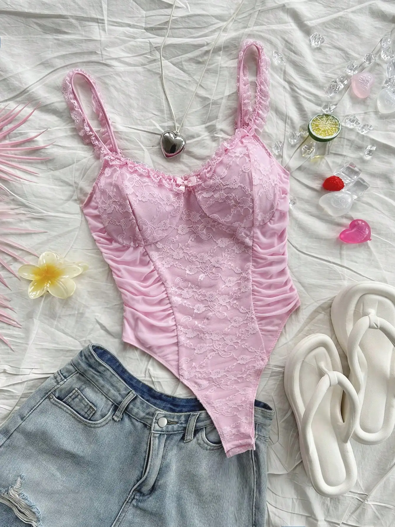 

Весенне-летний трикотажный комбинезон на бретельках, романтический кружевной деревянный край ушей, повседневный праздничный винтажный женский комбинезон