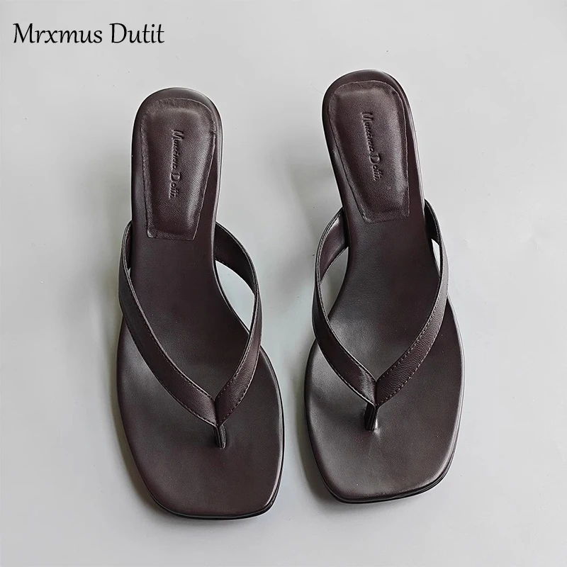 Mrxmus Dutit 2024 New Summer Fashion Genuine Leather Square Head Flip Flops Women Simple Casual Mid Heel Shoes Female Chic