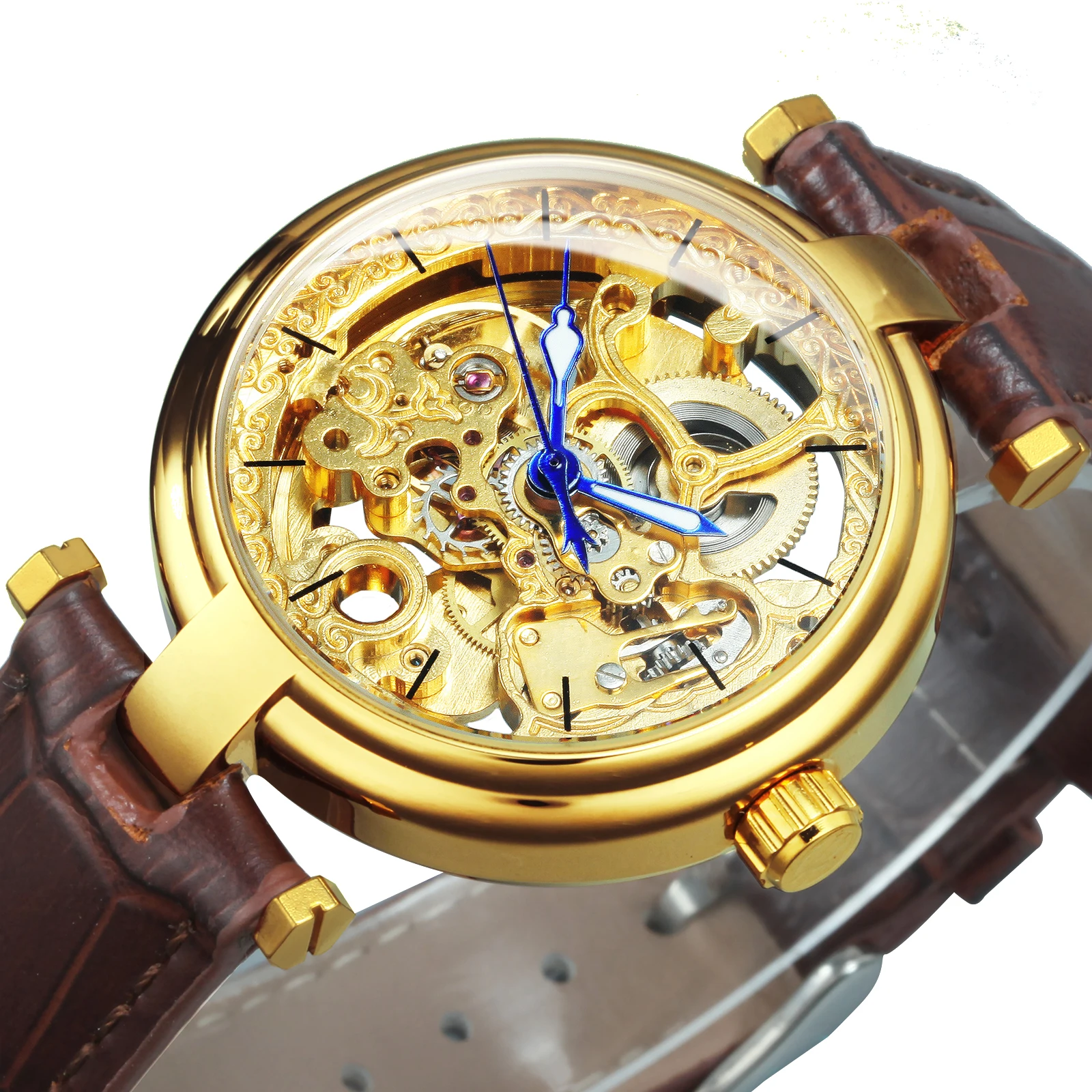 Forsining Fashion Luxury Skeleton Automatic Watch for Women Luminous Hands Elegant Gold Mechanical Ladies Watches Leather Strap