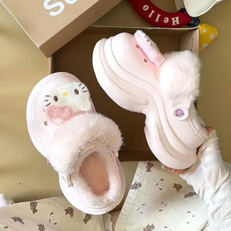 

Женские плюшевые тапочки с рисунком Hellokitty Eva Sanrio Kawaii, нескользящие домашние утолщенные тапочки в стиле аниме для девочек, студенческие милые тапочки на толстой подошве