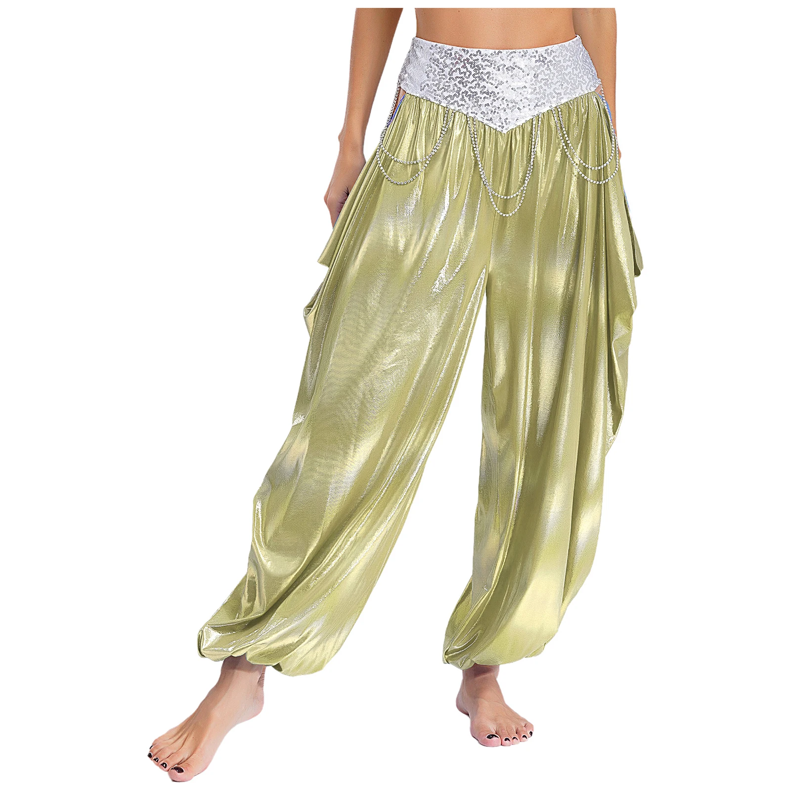 

Women Princess Belly Dance Costume Pants Sparkling Sequins Metallic Waistband Rhinestone Chains Bellydance Bloomers Dancewear