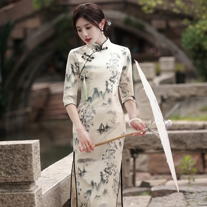 New Chinese Style Cheongsam Modified Women's 2024 Spring Jiangnan Suzhou Five-Quarter Sleeve Ink Painting Dress