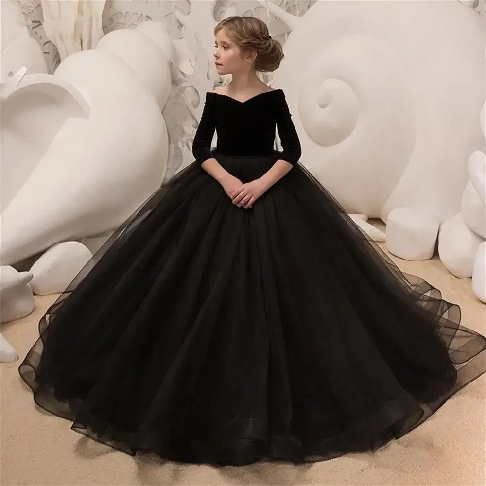 Blumenmädchenkleid, formelle Party, Traum, Kinder, Schwarz, bodenlang, elegant, Tüll, Spitze, bodenlang, Prinzessin, Erstkommunion