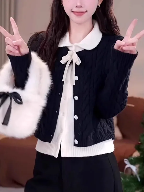 

Женский вязаный кардиган большого размера в корейском стиле, с длинными рукавами, осенне-зимний, антивозрастной, имитация двухслойности