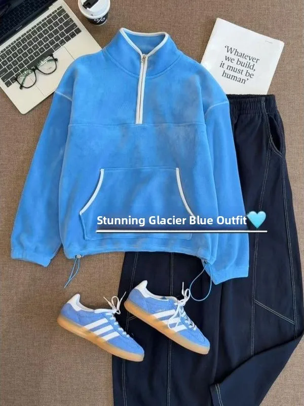 

Women's Fleece Lined Zip up Hoodie Ice Blue Korean Style Winter Casual Loose Fit Long Sleeve Sweatshirt for Students And Couples