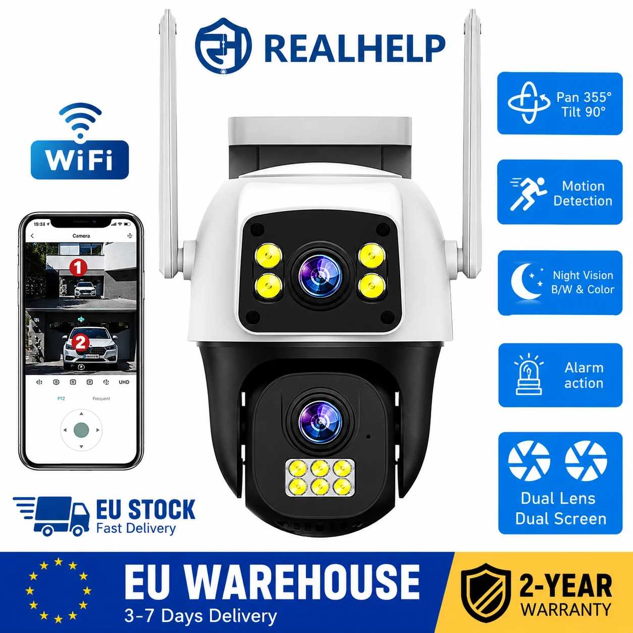 REALHELP Dual-Lens WLAN-Sicherheitskamera für den Außenbereich, PTZ, IP65, Farbnachtsicht, Bewegungserkennung, Zwei-Wege-Audio, EU-Lager