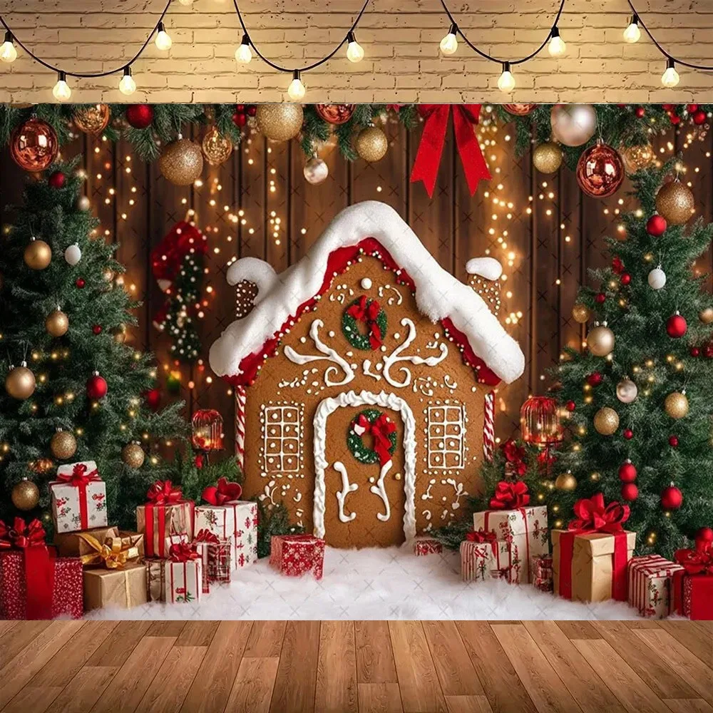 

Winter Christmas Bear Gingerbread House Candy Photography Background, Children Family Portrait Decoration Background Photography