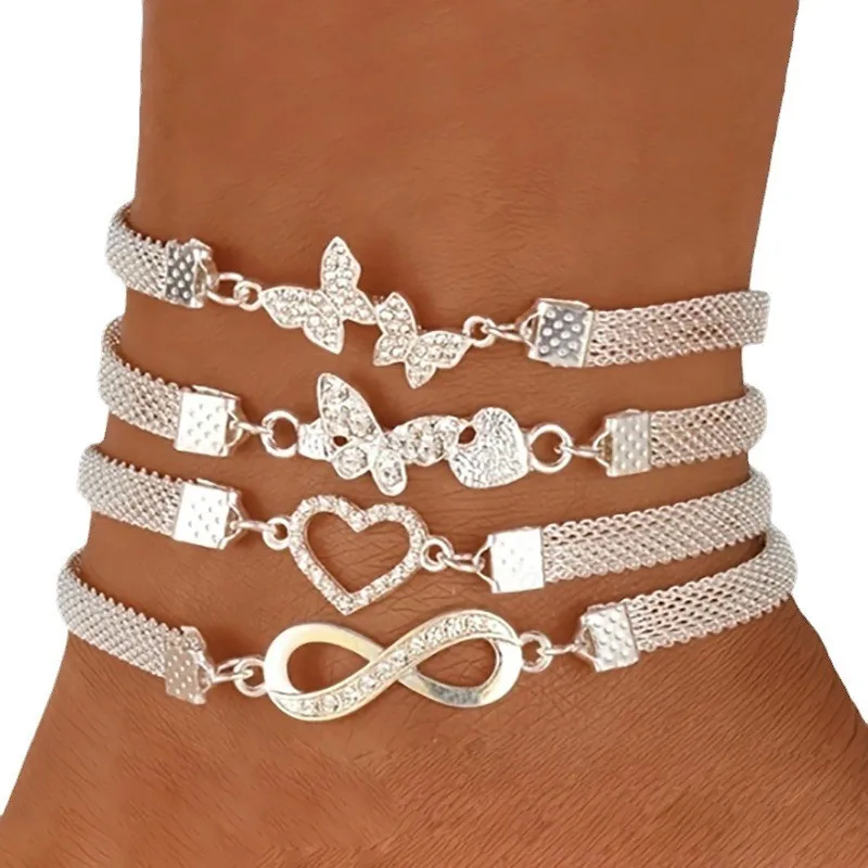 New Korean Butterfly Heart Anklet Charms Ankle Bracelet Jewellery Silver Color Infinite Anklets For Women Foot Jewelry 2024