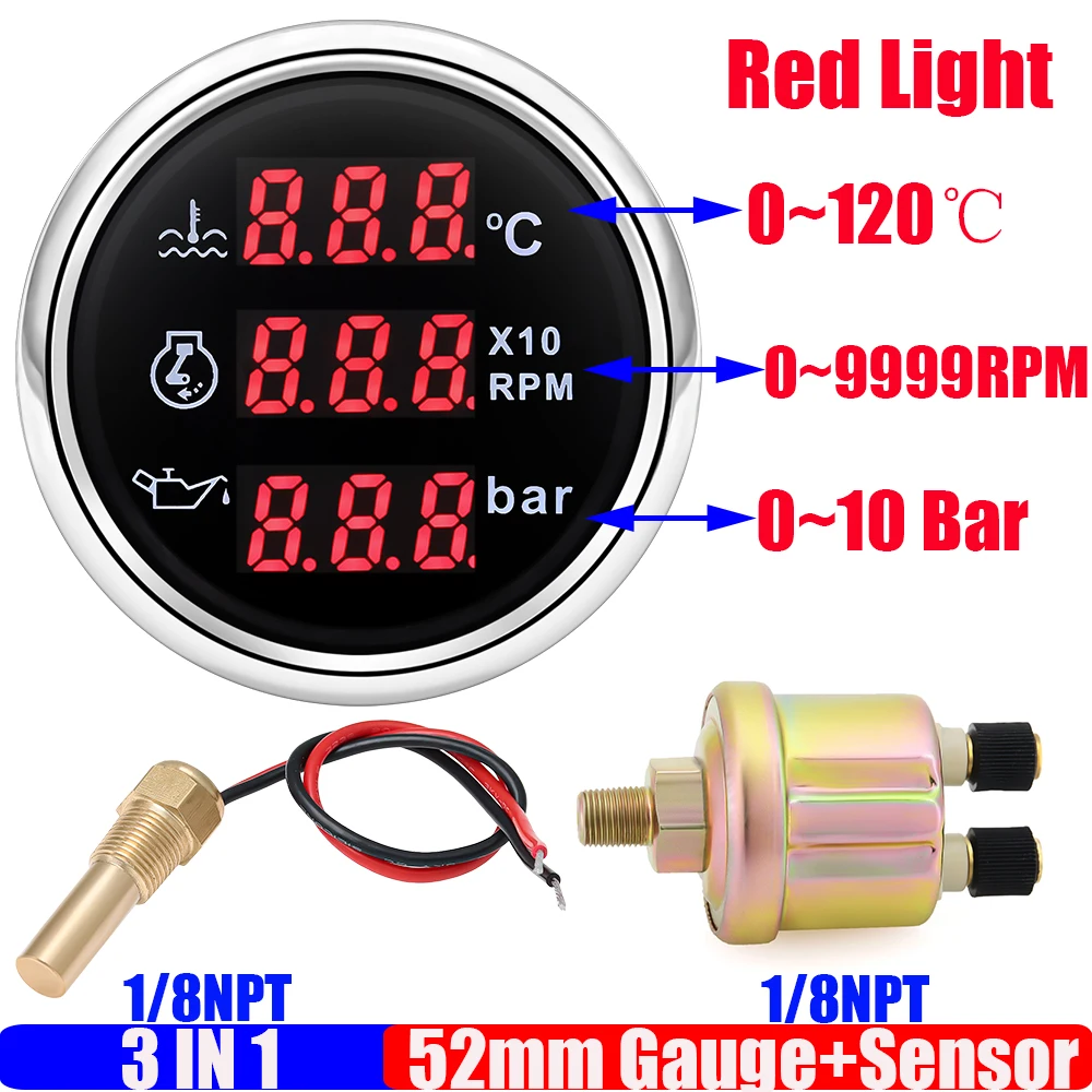 Marine Boat Red Light Digital 52MM 3 IN 1 Water Temperature Gauge+Tachometer+Oil Pressure Meter Flashing Alarm 1/8NPT Sensor
