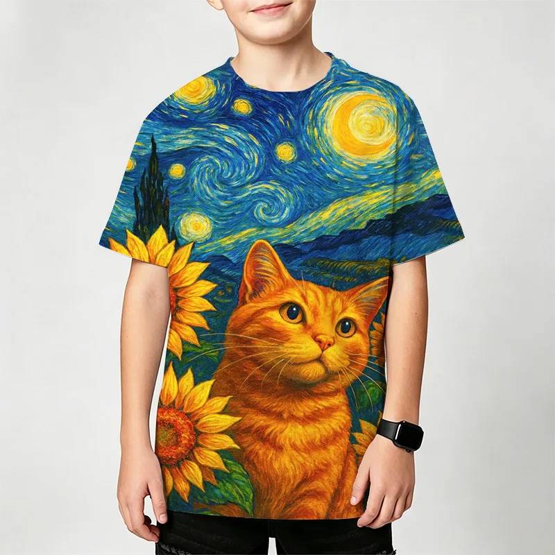 Children's T Shirts 3d Print cool Cat Starry sky kids boys Girls Short Sleeve Tops Outdoor hooded autumn styles 2 To 8 Years