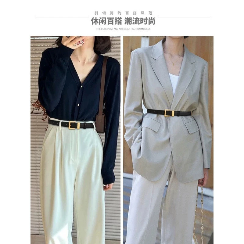 Cintura in pelle da donna; decorazione versatile in pelle di vacchetta per cintura da abito; cintura in denim stile retrò semplice e di fascia alta nera.