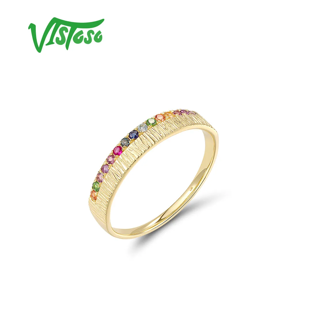 Vistoso Authentic 14K 585 Yellow Gold Ring For Women Sparkling Multi-Color Gems Brushed Finished Trendy Anniversary Fine Jewelry