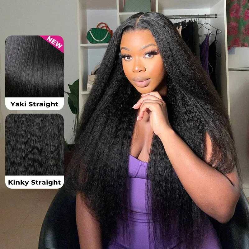 250% Kinky Straight Glueless Wig Ready To Wear And Go 13x4 Hd Yaki Straight Lace Front Human Hair Wigs For Women 30 36 Inch
