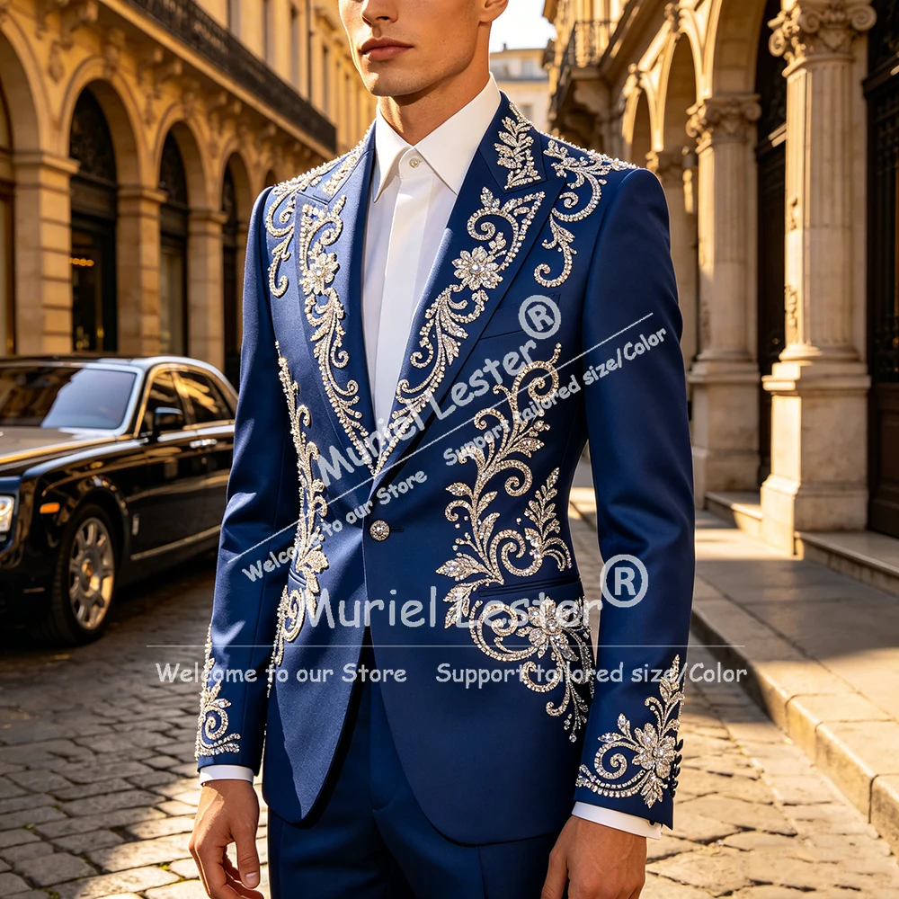 

Luxury Men Suits 2 Piece Sets Rhinestone Crystals Groom Tuxedo Wedding Customized Man Prom Blazers Slim Fit Fashion Ropa hombre