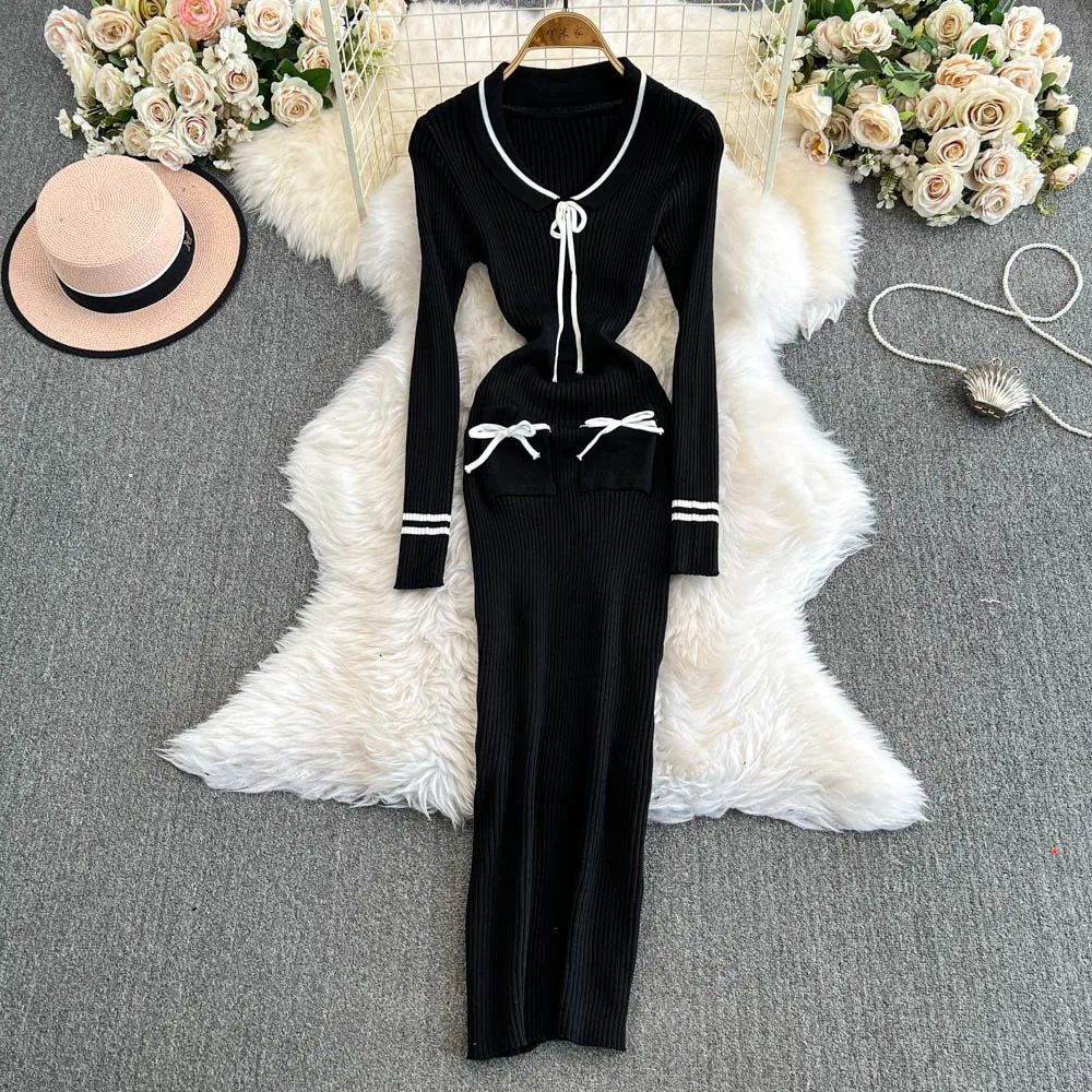 YuooMuoo Chic Fashion Sexy Wrap Hips Sweater Dress 2024 Autumn Winter French Style Slim Elastic Knitted Maxi Dress Party Vestido