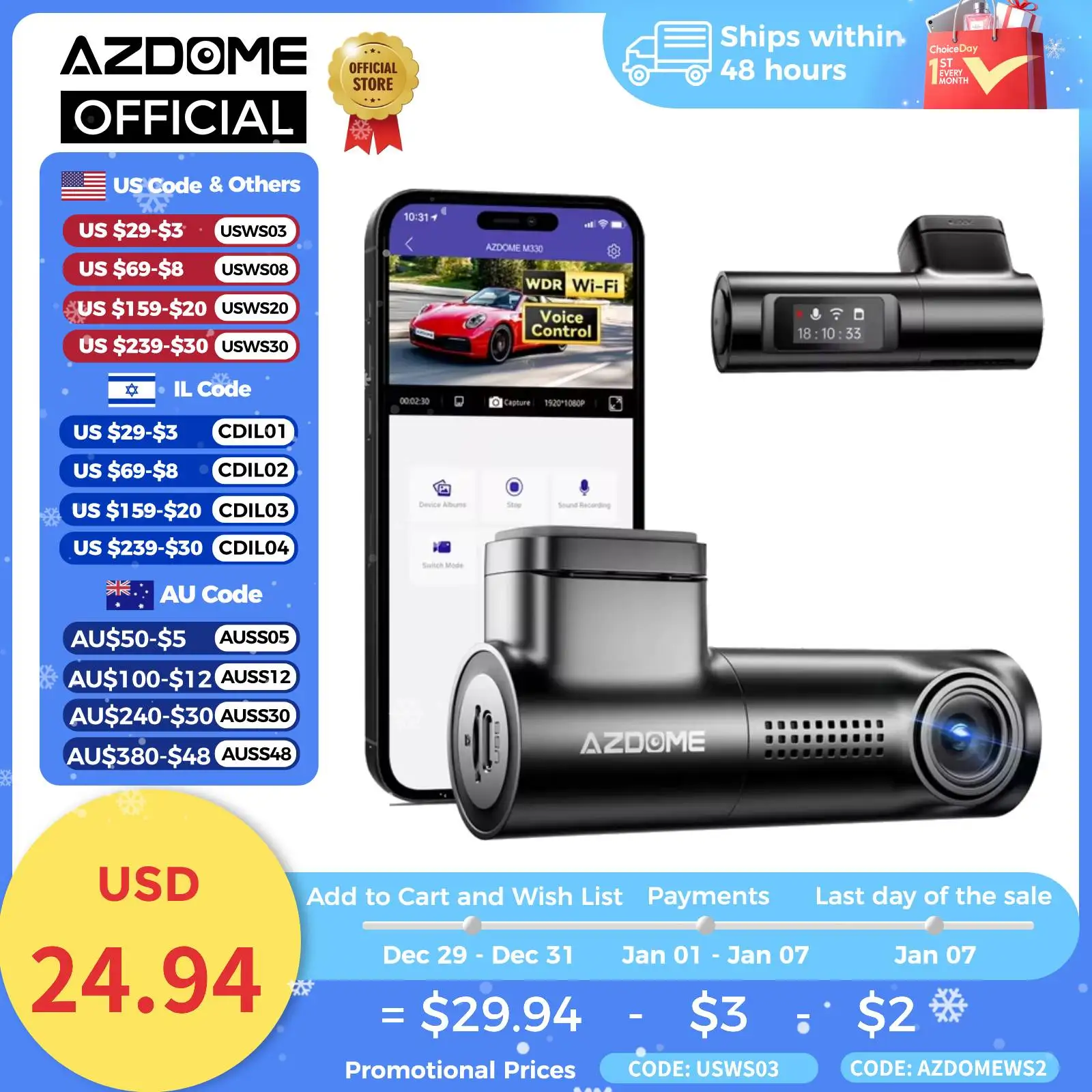 AZDOME Dash Cam M330 1296P Car WiFi Camera EN Voice Control Car DVR Night Vision G-Sensor Loop Recording 24H Parking Monitor