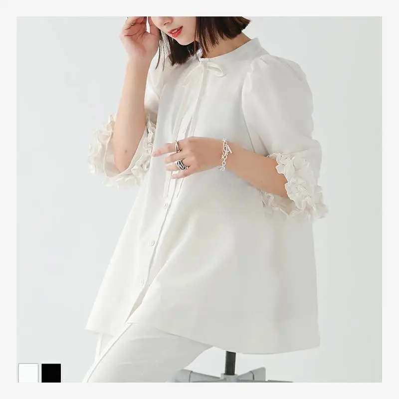 

Весна-лето 2023, свободный трапециевидный вырез с узлом, длинный свек, однотонный японский воротник с рюшами