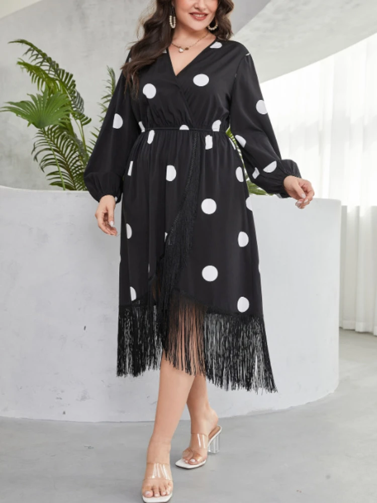 

Dot Printd Dresses for Women Black V Neck Long Lantern Sleeve Tassel A Line Stylish Chic Elegant Slim Evening Plus Size Vestidos