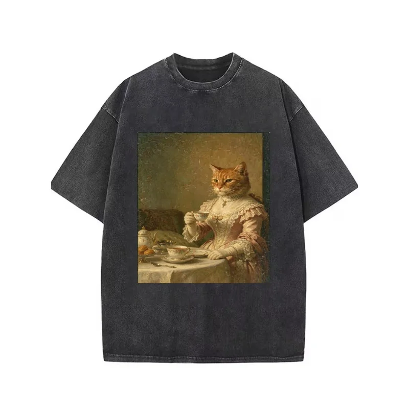 Vintage Exorcist Cat Graphic T‑Shirt Retro Oil Painting Washed Print Oversized Unisex Short Sleeve Dark Humor Streetwear Tops