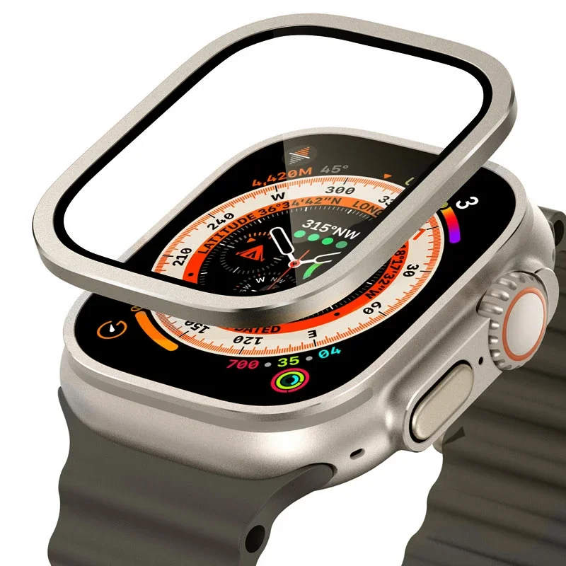 Gehärtetes Glas für Apple Watch Ultra 49 mm, Titan-Metallrahmen, kratzfeste Folie für Displayschutzfolie der Serie Ultra 2, Zubehör
