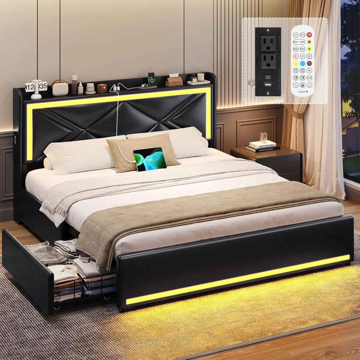 Queen Size Bed Frame with Charging Station & RGB Lights, PU Leather Upholstered PlatformHeavy Duty Wooden Slats, Quick Setup,