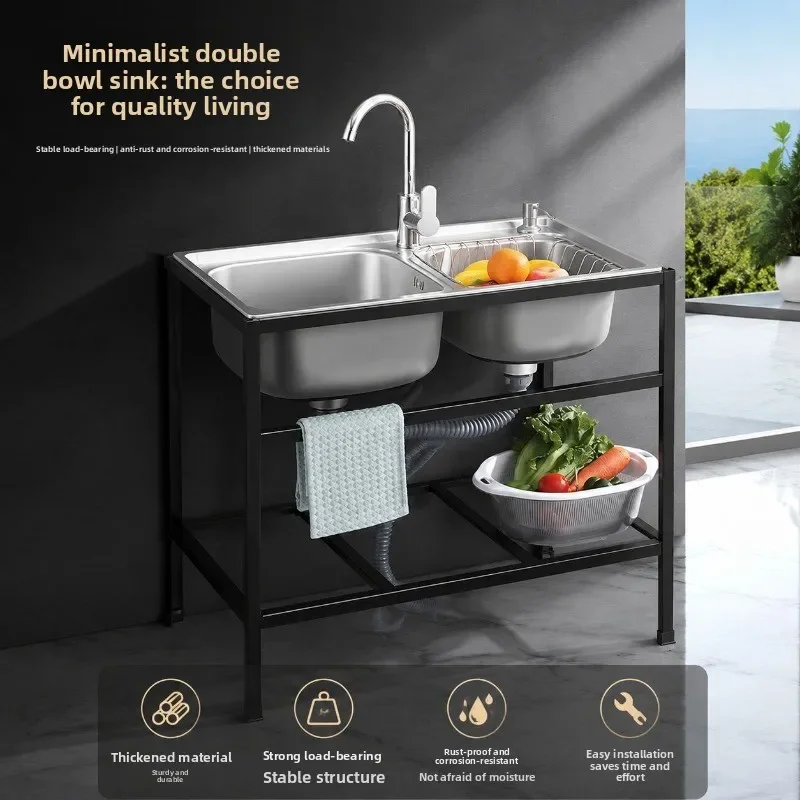 Stainless Steel Double Basin Kitchen Sink Stand Rack Dishwashing Home Use Stainless Steel Sink Kitchen Sink Kitchen Items