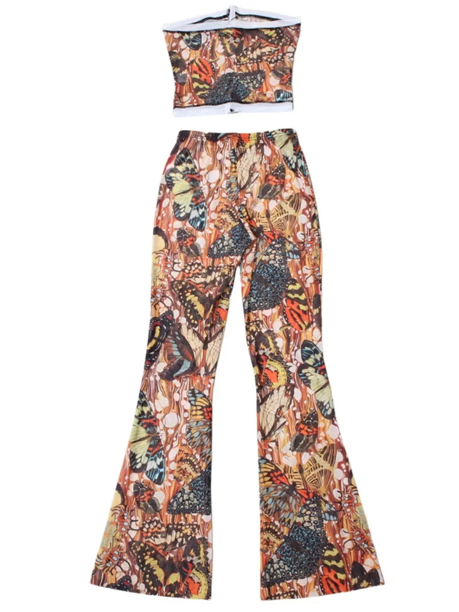 LW sexy Women Fashion 2piece Set sleeveless Crop Top Butterfly Print Top + Flared Pants Set Elastic Matching Streetwear Outfits