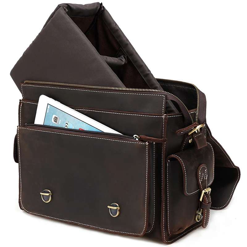 Vintage Genuine Cowhide Leather Messenger Bag, Men's Shoulder Carry Case for DSLR Video Camera