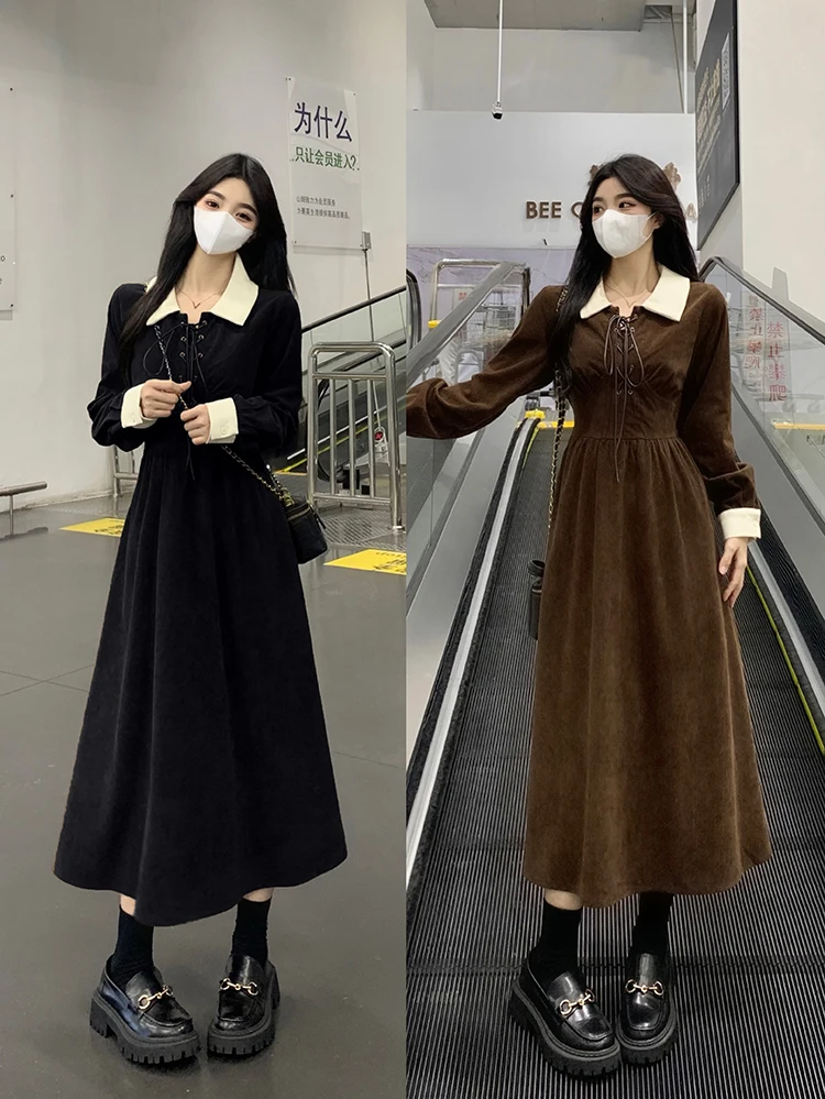 

Women's Retro Contrast Turn-down Corduroy Dress Spring Autumn Unique Slim Waist Over Knee Length Dresses New Large Size L-4XL