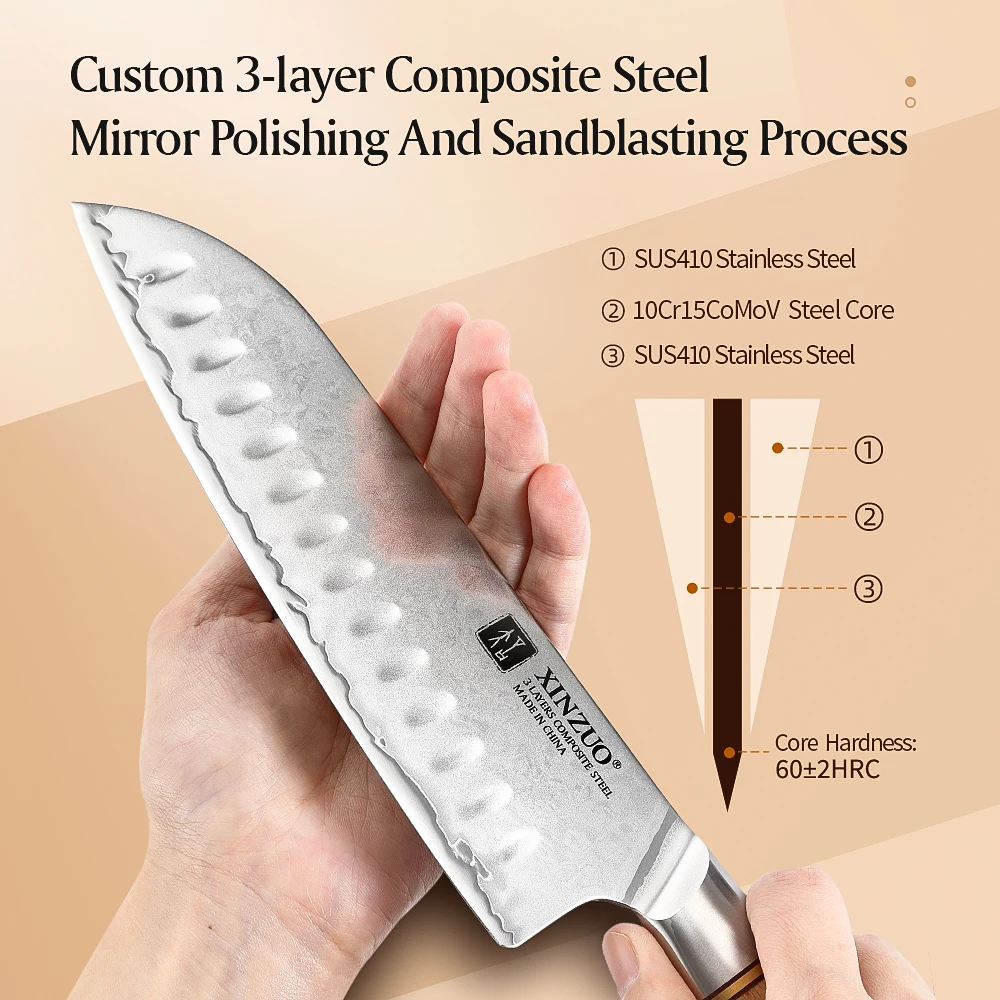 XINZUO 7'' Inch Santoku Knife Composite Stainless Steel Kitchen Tool with Japanese-style Pakkawood + Copper Flower Rivets Handle