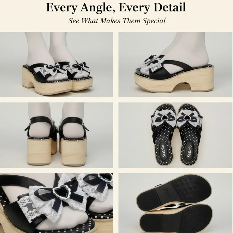 

Cake Shoes Women Showa Bow Love Shoes JK Little Hoshino Akari Wood Grain Thick Sole Japan Thick Heel Clogs Shoes Cosplay Slipper