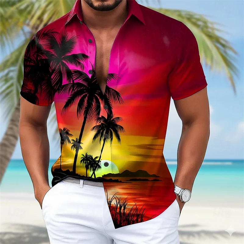 

2026 New Hawaiian Style Men's Short-Sleeve Shirt, Red-Orange Gradient Sunset and Coconut Tree Print, Beach Vacation Casual Top