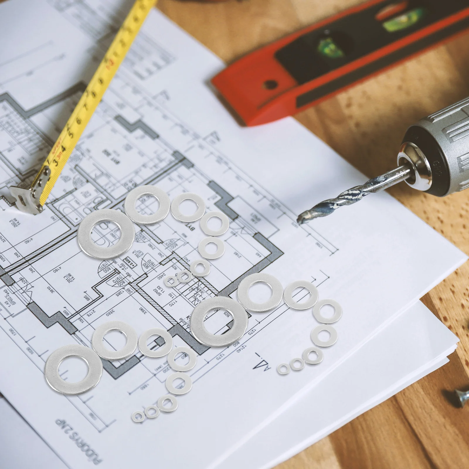 Zestaw podkładek płaskich metalowych 360 sztuk, stal nierdzewna, elementy montażowe, śruby, podkładki do napraw, zastosowanie przemysłowe, trwałe, redukujące hałas