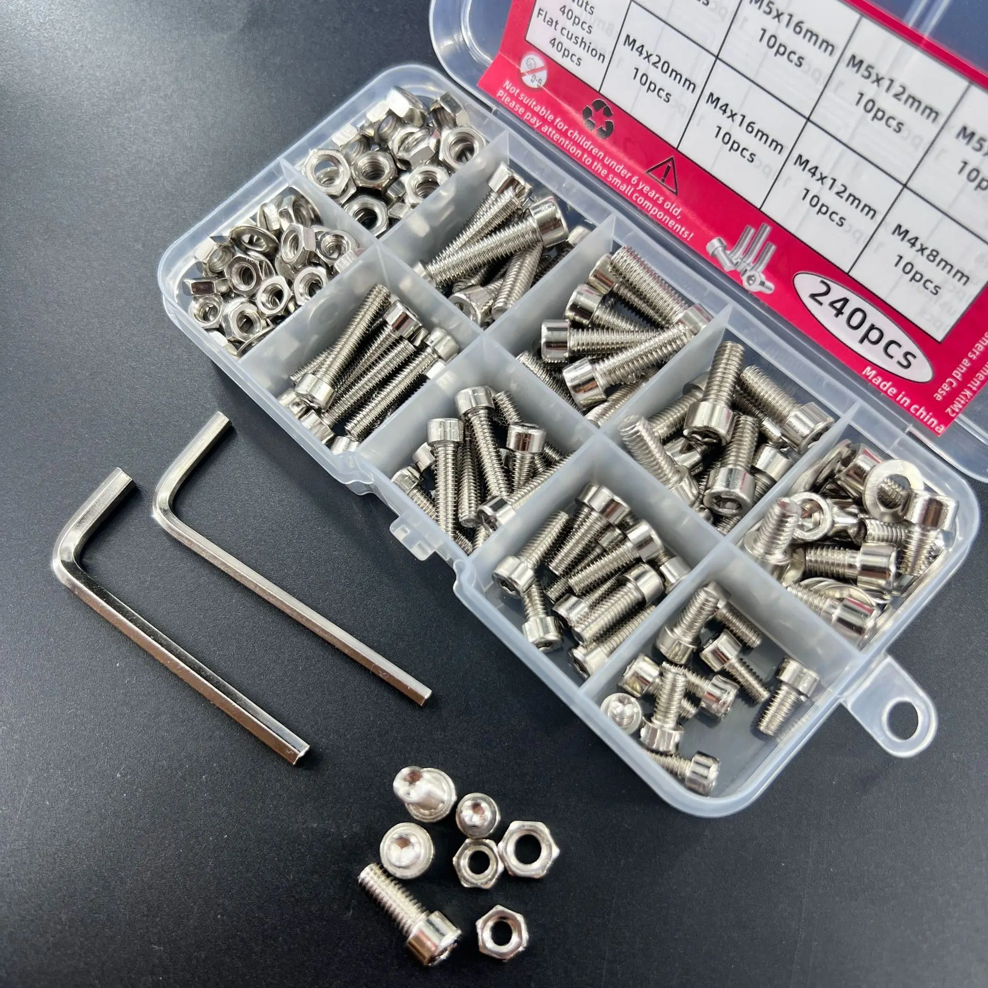 240 Pieces Hex Nut Bolt Set - Including M2, M3, M4, M5 Hex Head Bolts and Flat Washers
