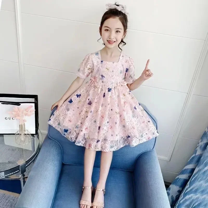 Cute Summer Princess Wedding Ball Birthday Party Clothes Girl Lace Butterfly Printing White Pink Dress Children 1-8 Year Old New