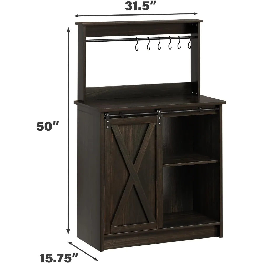 Farmhouse Coffee Bar Cabinet with Hutch, 50Coffee Bar with Sliding Barn Door &6Hooks,Bar Hutch for Living Dining Room, Dark Oak