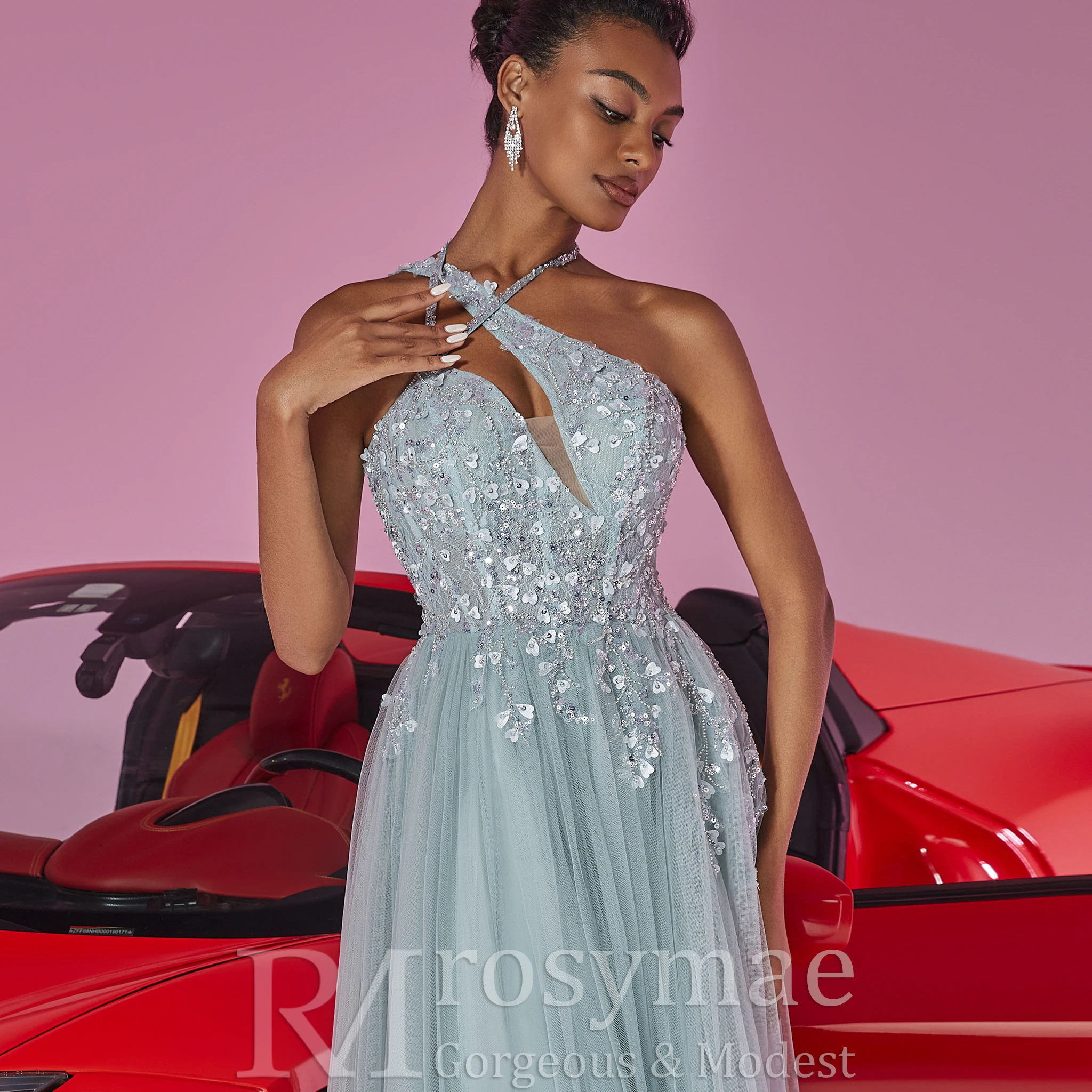 Rosymae elegante columna hendidura vestido Formal muslo dividido vestido de fiesta de noche elegante figura favorecedora para eventos de noche de gala de graduación