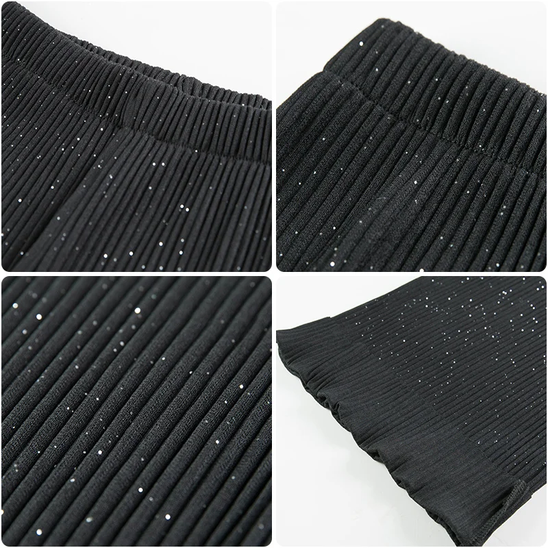 กางเกงขายาวสตรีสีกากีม้วนขึ้นจุดหัวไชเท้าปีกยืดสูงหนังสือพิมพ์ผลกระทบผลกระทบยาวถึงเข่าพรุนเรืองแสง