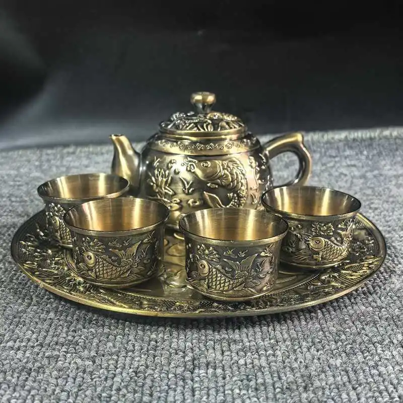 Bronze carp set, six-piece high-end tea cup teapot, wedding and holiday copper decorative fish
