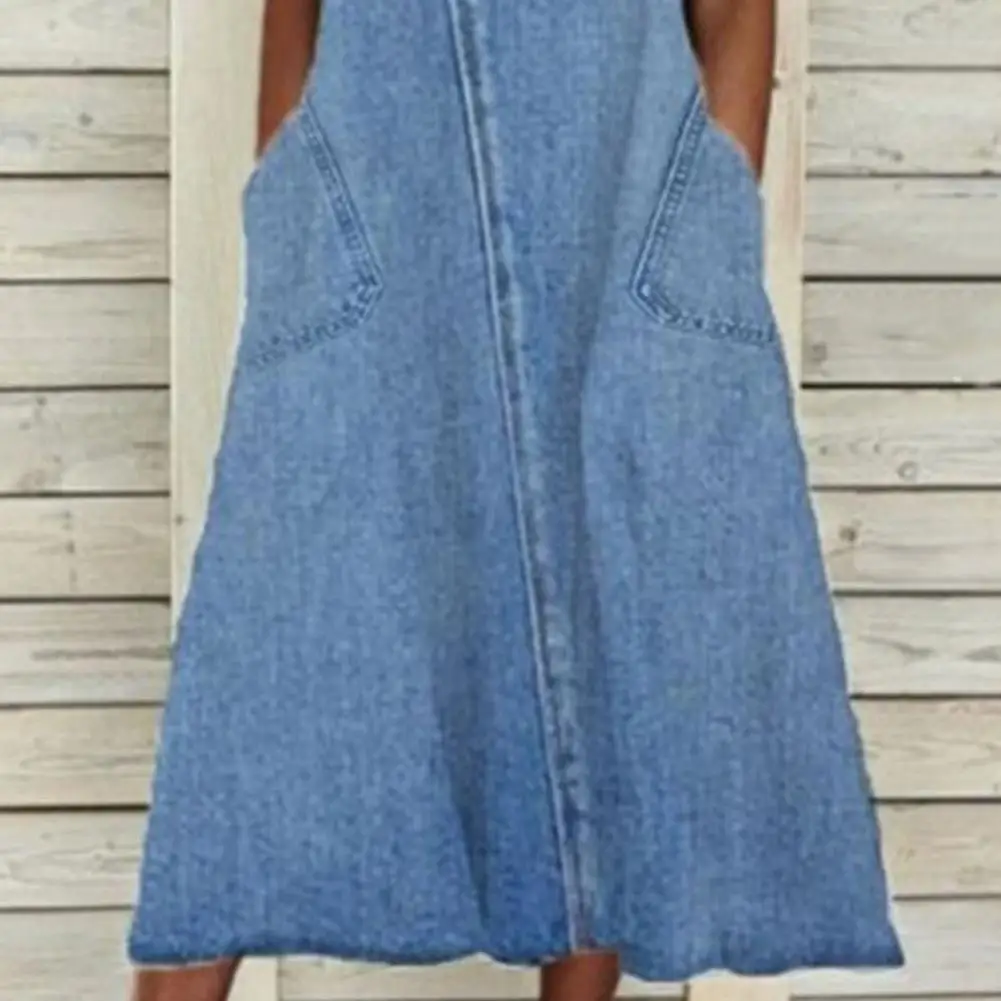 Loose Denim Dress Women Vintage Sleeveless Pockets Solid Color Summer Dress Midi Streetwear