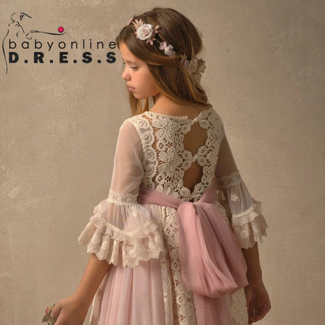 BABYONLIN Customzied vestidosdecomunion Dress Bow Full Illusion Laces Half- Sleeve Double Layered Floral Belt Embroidery Flowers