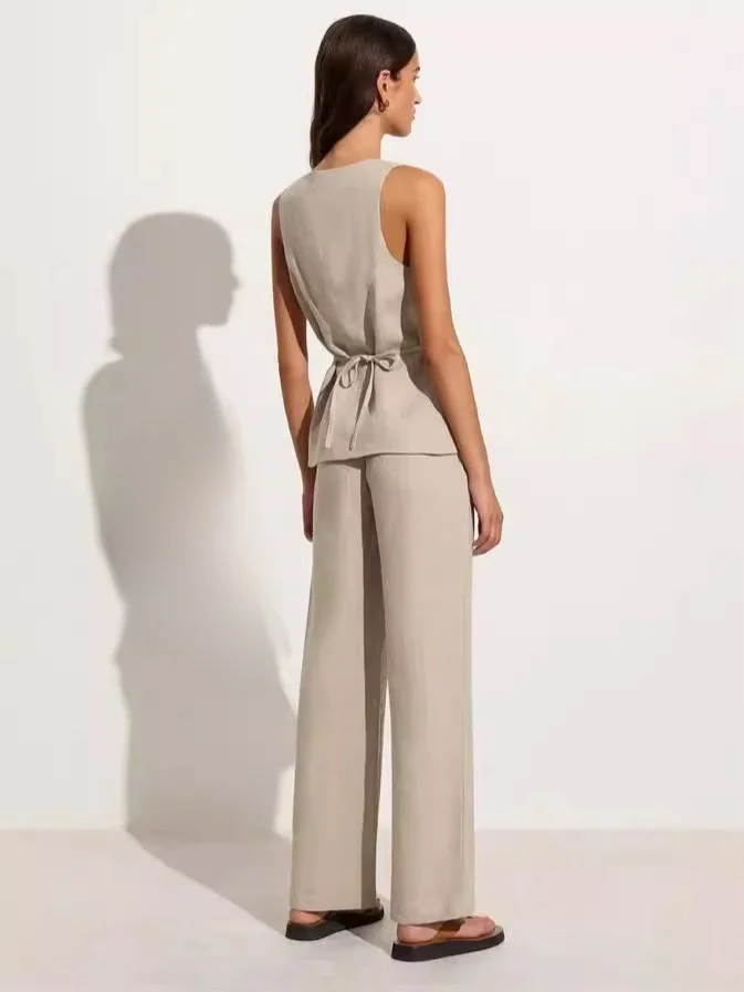 Novo conjunto de colete e calças com gola quadrada longo sve algodão faion conjunto roupas femininas primavera 2024 coleção terno de duas peças